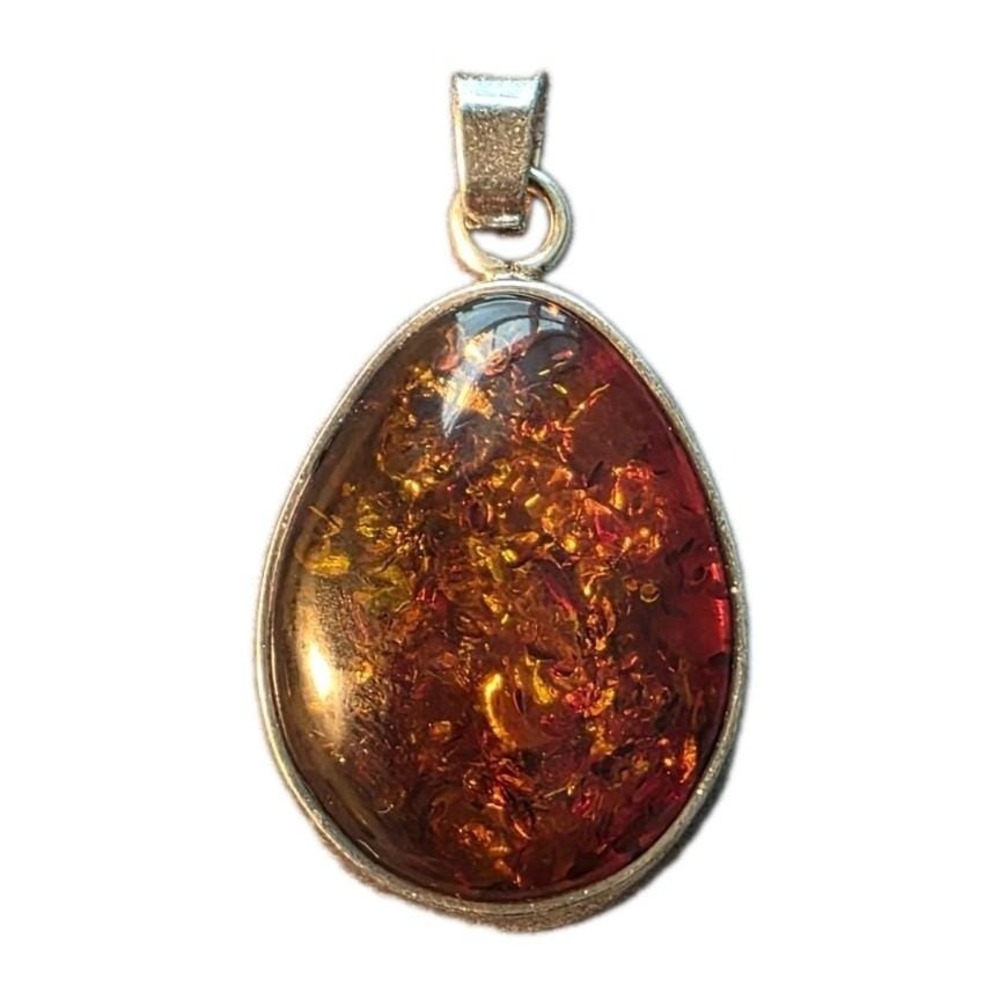 Vintage 925 Sterling Silver Cognac Amber Teardrop Pendant Large Statement